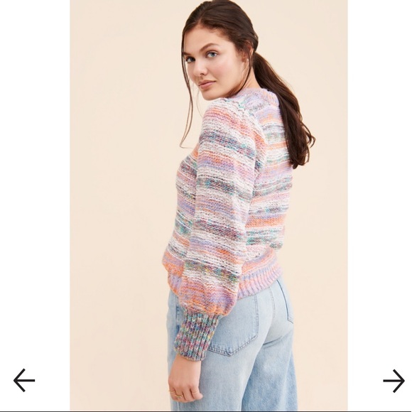 UO Rainbow Space-Dye Stripe Knit Wool Blend Balloon Puff Sleeve Pullover Sweater - Picture 8 of 15
